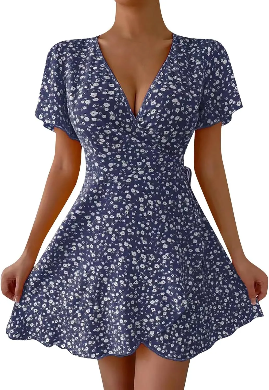 Sexy Dresses for Women V Neck Short Sleeve Casual Short Summer Dresses Boho Ruffle Tie Waist Flowy Floral Mini Dress