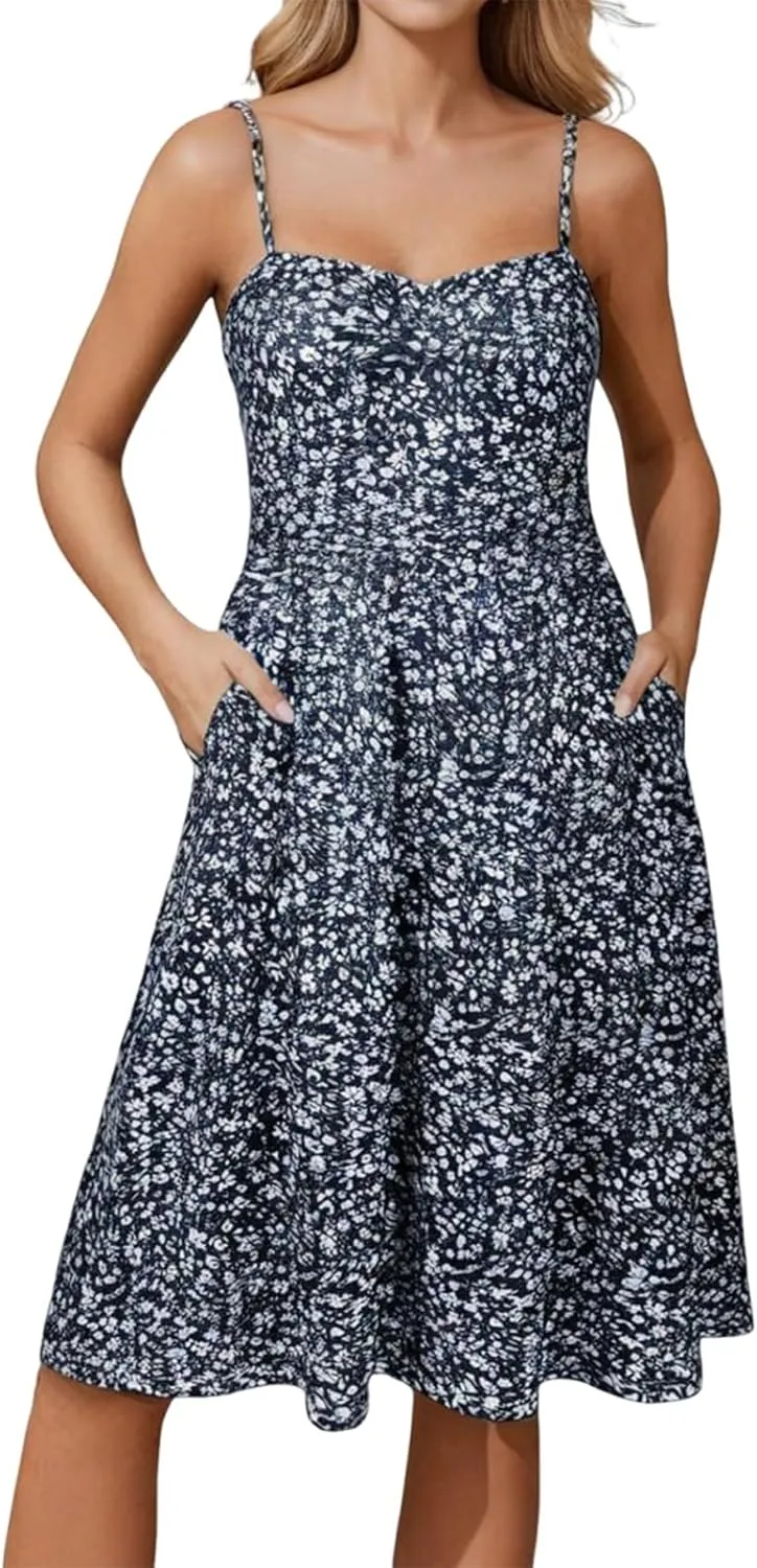 Sexy Summer Dresses for Women 2025 Spaghetti Strap Sleeveless Boho Floral Dress with Pockets Flowy A Line Midi Dress