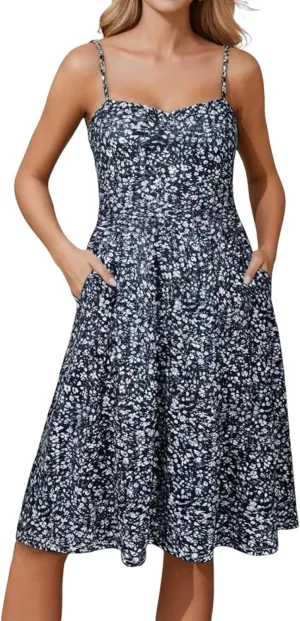 Sexy Summer Dresses for Women 2025 Spaghetti Strap Sleeveless Boho Floral Dress with Pockets Flowy A Line Midi Dress