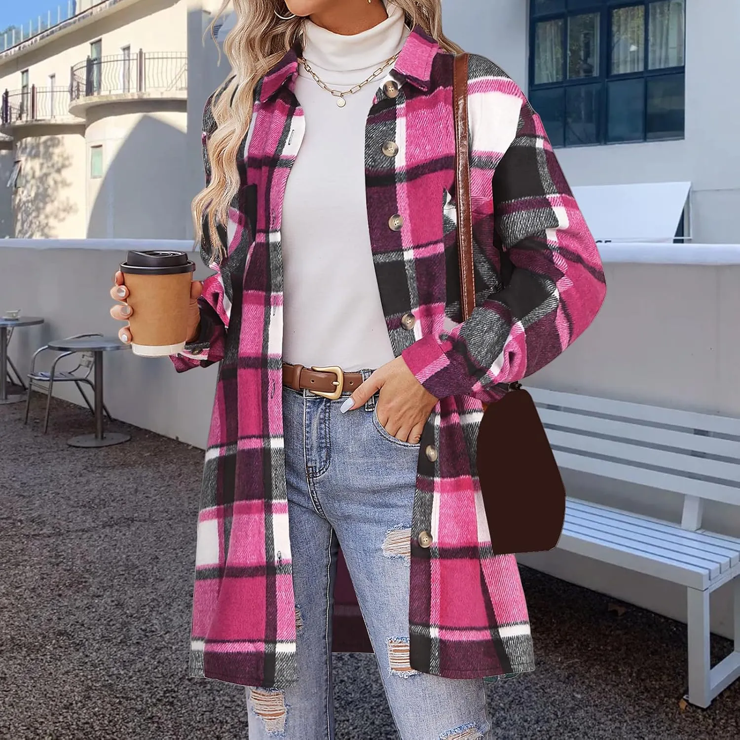 Shirts for Women Oversized Plaid Button Down Long Trench Coat Lightweight Long Sleeve Flannel Coat Shacket Jackets