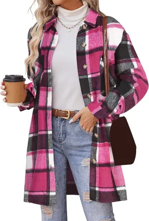 Shirts for Women Oversized Plaid Button Down Long Trench Coat Lightweight Long Sleeve Flannel Coat Shacket Jackets