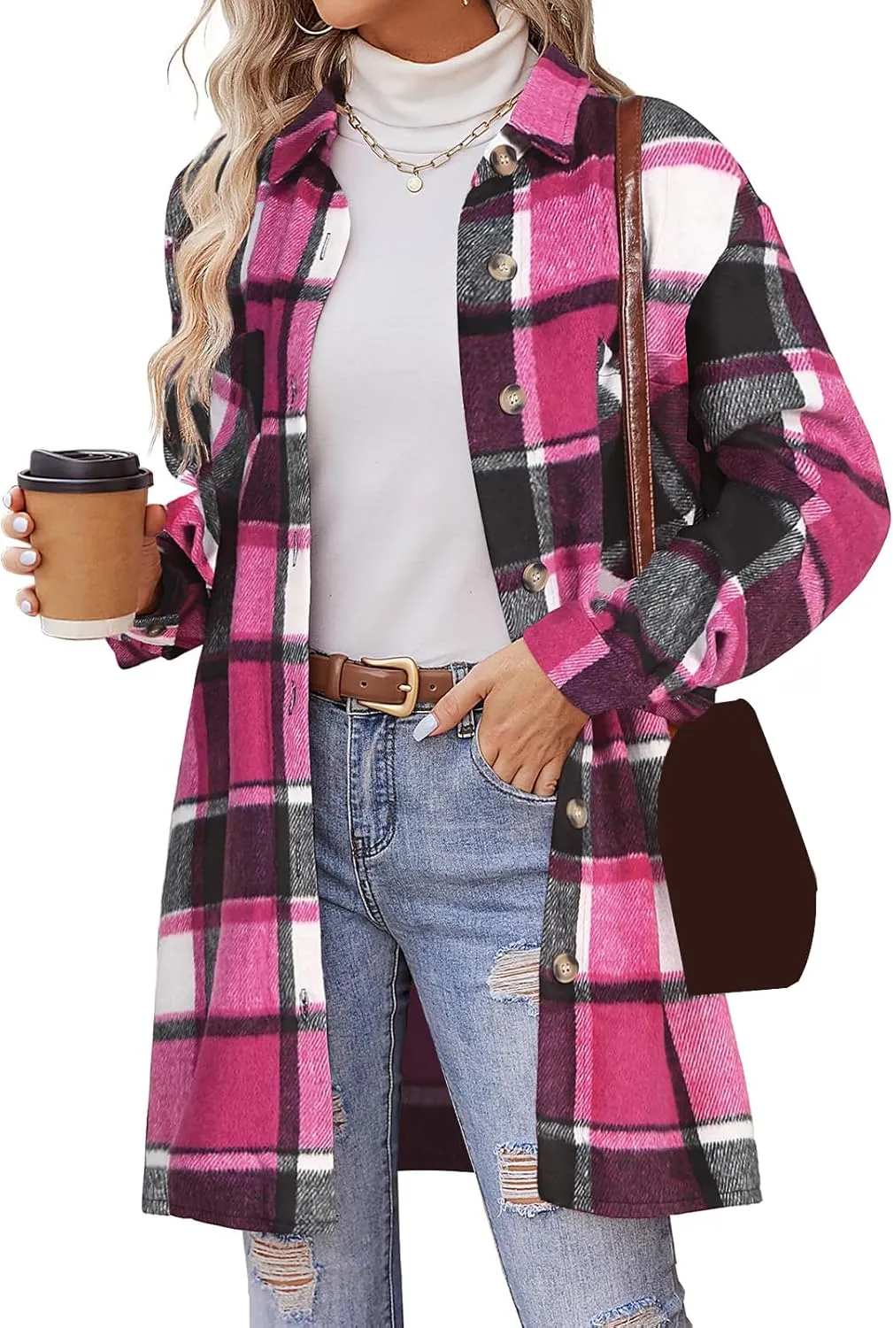 Shirts for Women Oversized Plaid Button Down Long Trench Coat Lightweight Long Sleeve Flannel Coat Shacket Jackets