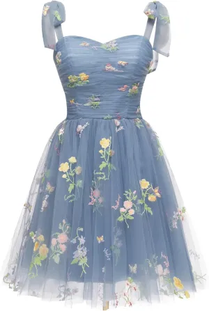 Short Homecoming Dresses for Teens Flower Embroidery Tulle Spaghetti Strap Knee Length Daisy Floral Prom Dresses