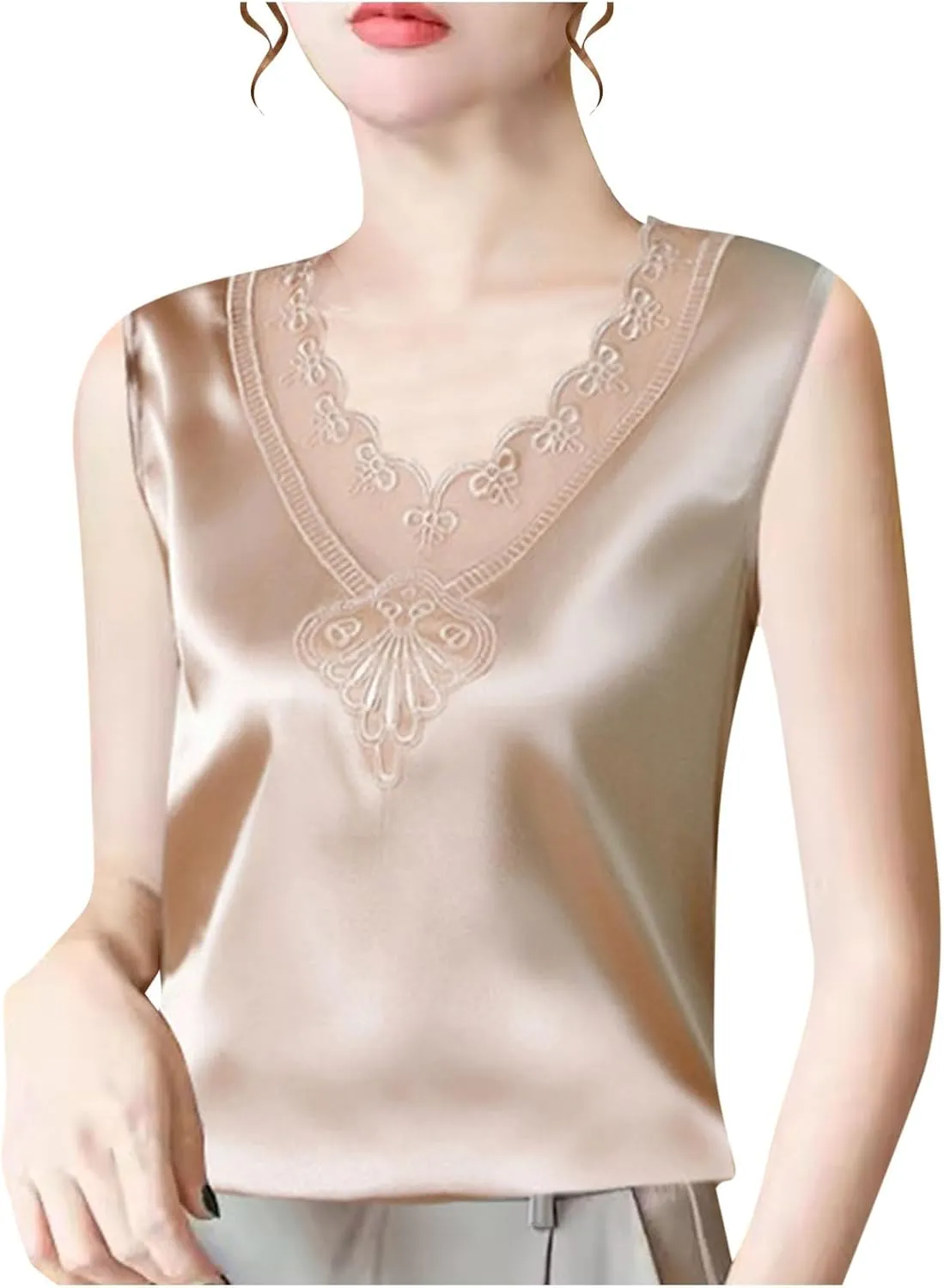 Silk Satin Tank Tops for Women Lace Floral V Neck Casual Sleeveless Blouses Summer Work Basic Tank Shirt