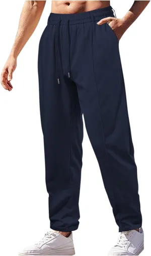 Sinzelimin Men's Jogger Sweatpant Lace up Elastic Waist Loose Comfy Wide Leg Pants Fashion Solid Running Trousers with Pocket