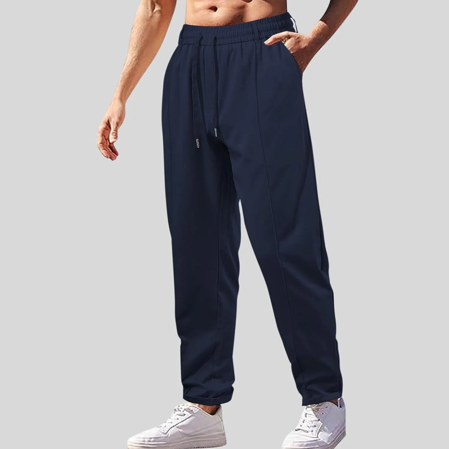 Sinzelimin Men's Jogger Sweatpant Lace up Elastic Waist Loose Comfy Wide Leg Pants Fashion Solid Running Trousers with Pocket