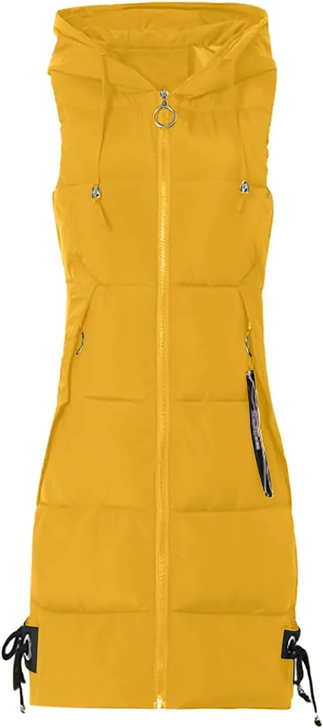Sinzelimin Women's Down Vest Fashion Long Slim Waistcoat Solid Zippers Sleeveless Warm Packable Puffer Jackets Coat Tops