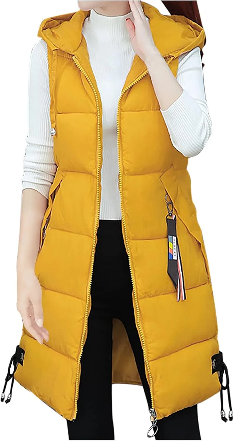 Sinzelimin Women's Down Vest Fashion Long Slim Waistcoat Solid Zippers Sleeveless Warm Packable Puffer Jackets Coat Tops