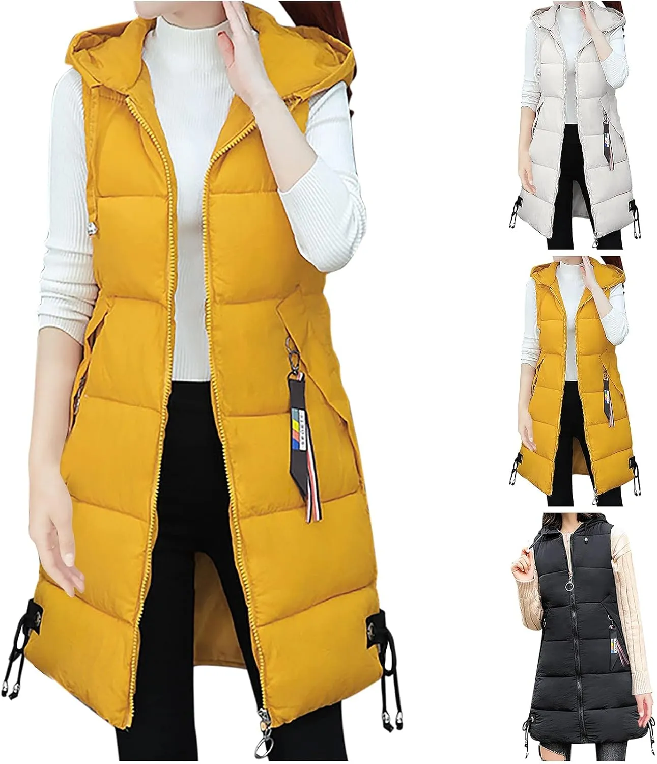 Sinzelimin Women's Down Vest Fashion Long Slim Waistcoat Solid Zippers Sleeveless Warm Packable Puffer Jackets Coat Tops