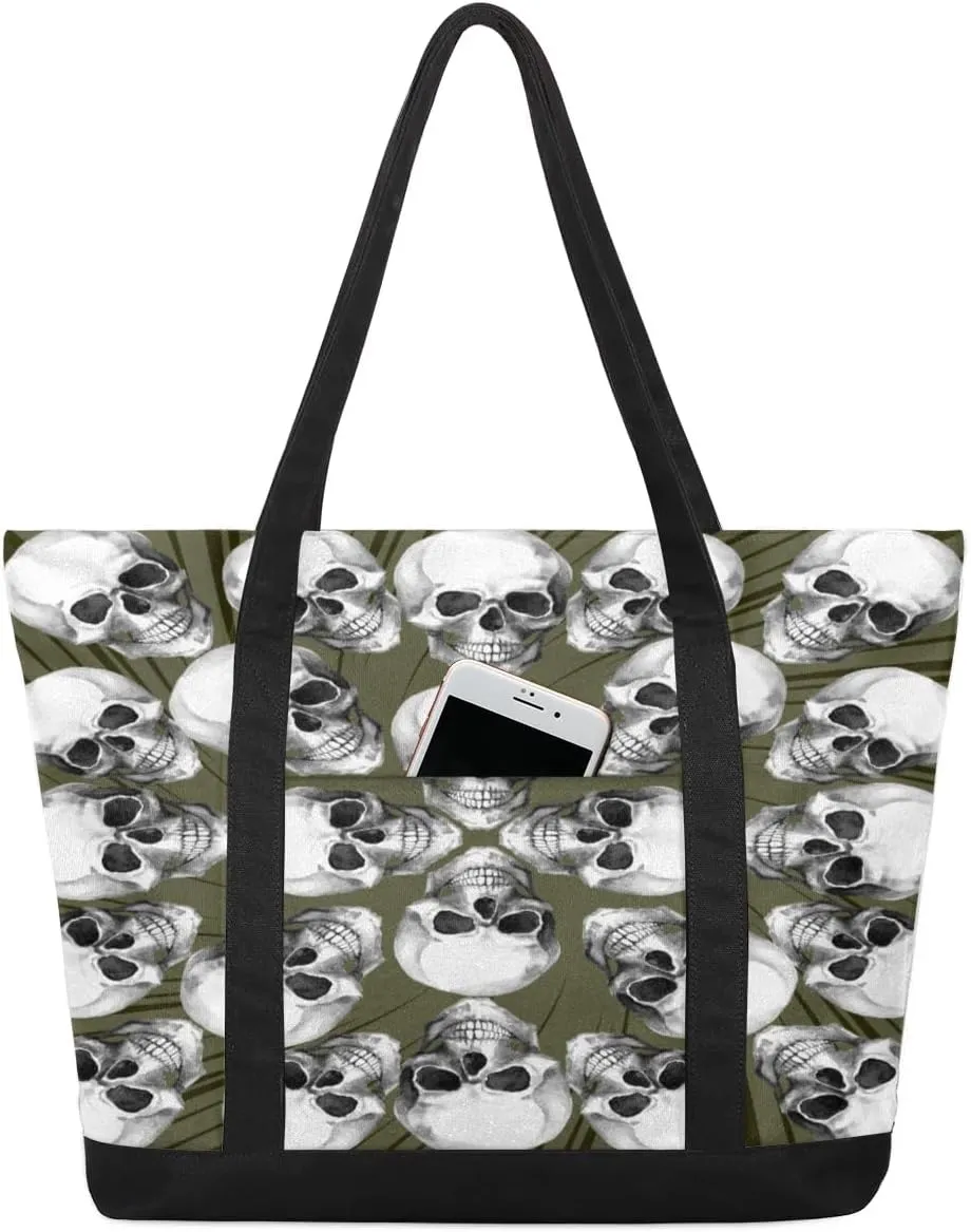 Skull Art Design Tote Bag for Women Work Canvas Travel Tote Bags with Zipper Large Capacity Casual Handbag with Inner Pockets Reusable Shopping Shoulder Bag for Teacher Nurse