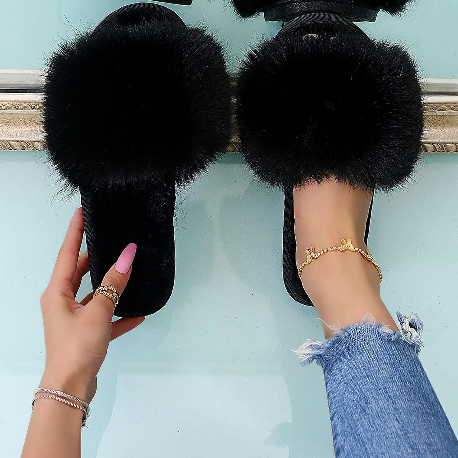 Slip On Toe Shoes Home Plush Open Furry Women Warm Keep Slippers Flat Home Women Open Toe Slippers