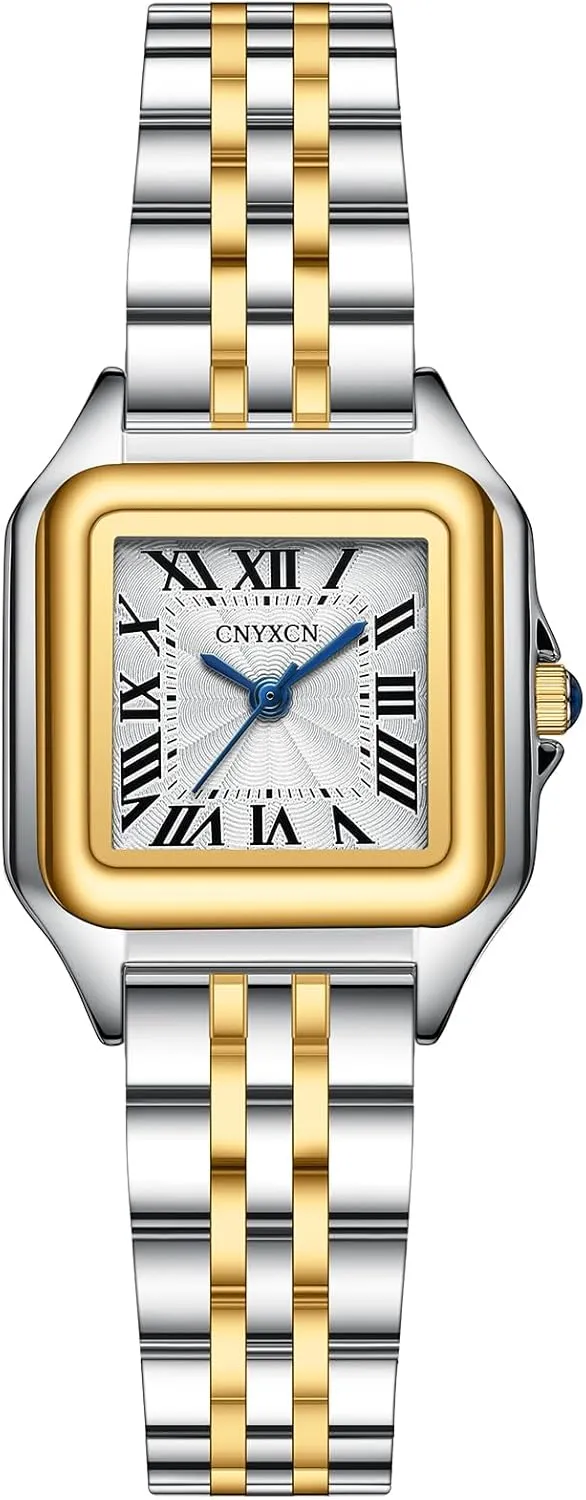 Small Gold Watches for Women with Stainless Steel Band,Rectangular Case Roman Dial,Water Resistant,Bracelet Adjuster Included