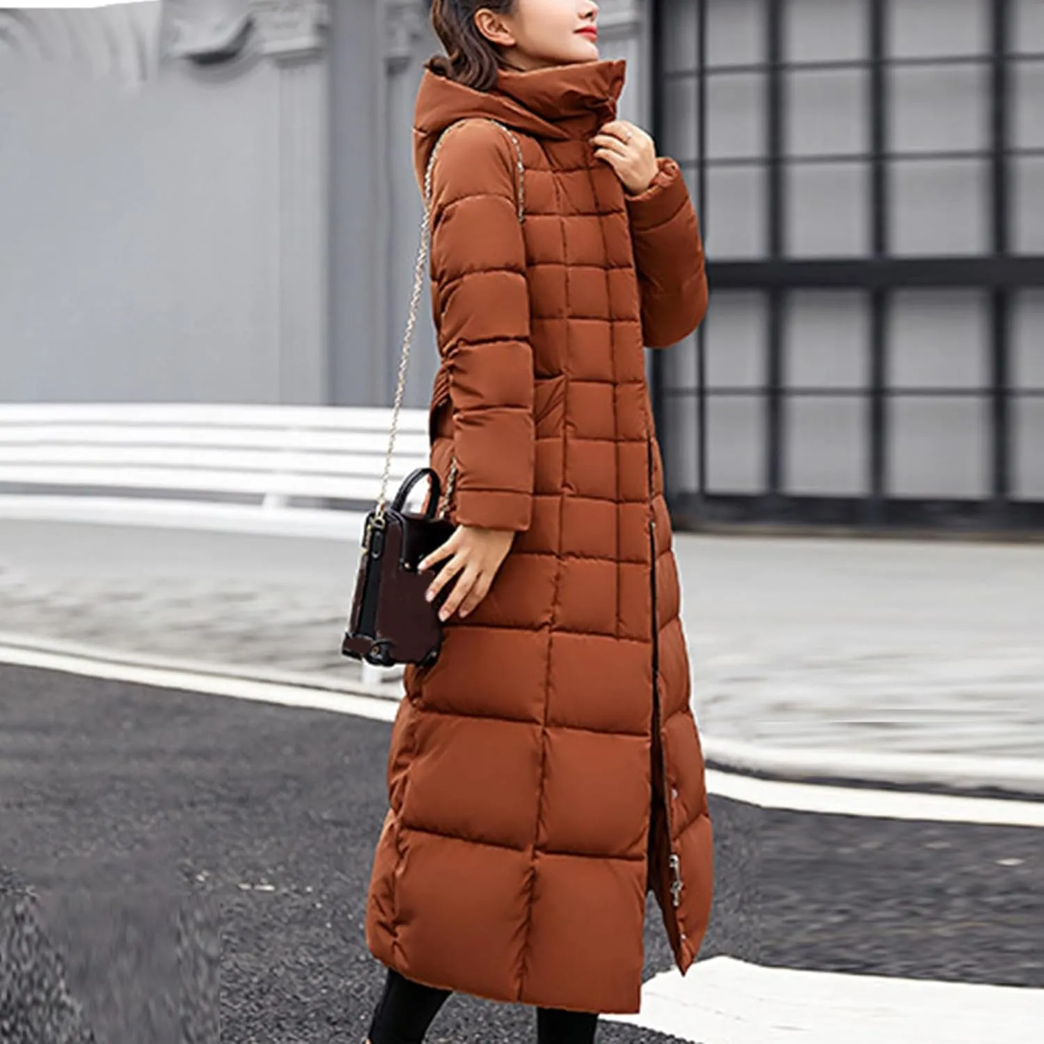 SMIDOW Womens Fashion Hooded Coat 2023 Quilted Long Puffer Jackets Waterproof Warm Winter Maxi Length Parka Coats