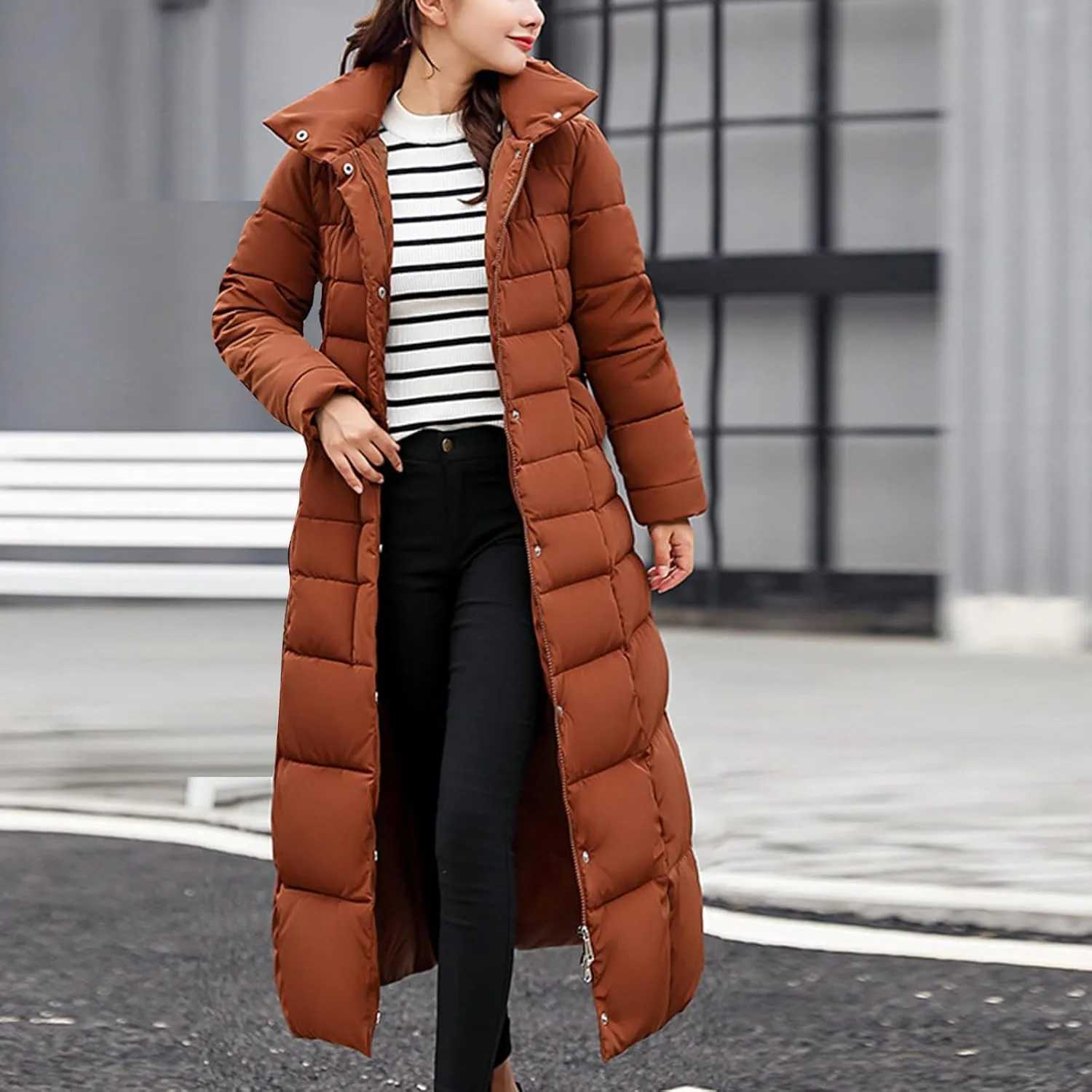 SMIDOW Womens Fashion Hooded Coat 2023 Quilted Long Puffer Jackets Waterproof Warm Winter Maxi Length Parka Coats