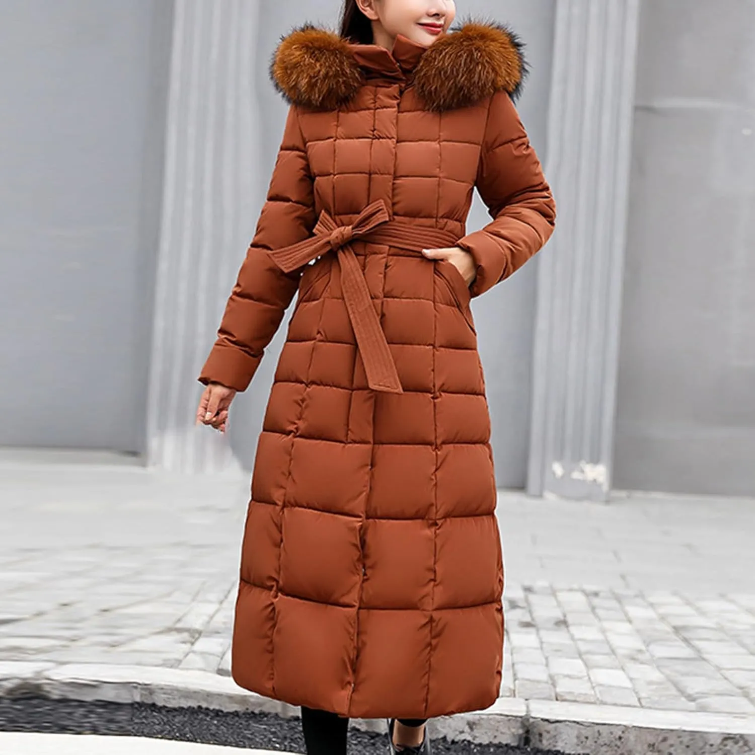 SMIDOW Womens Fashion Hooded Coat 2023 Quilted Long Puffer Jackets Waterproof Warm Winter Maxi Length Parka Coats