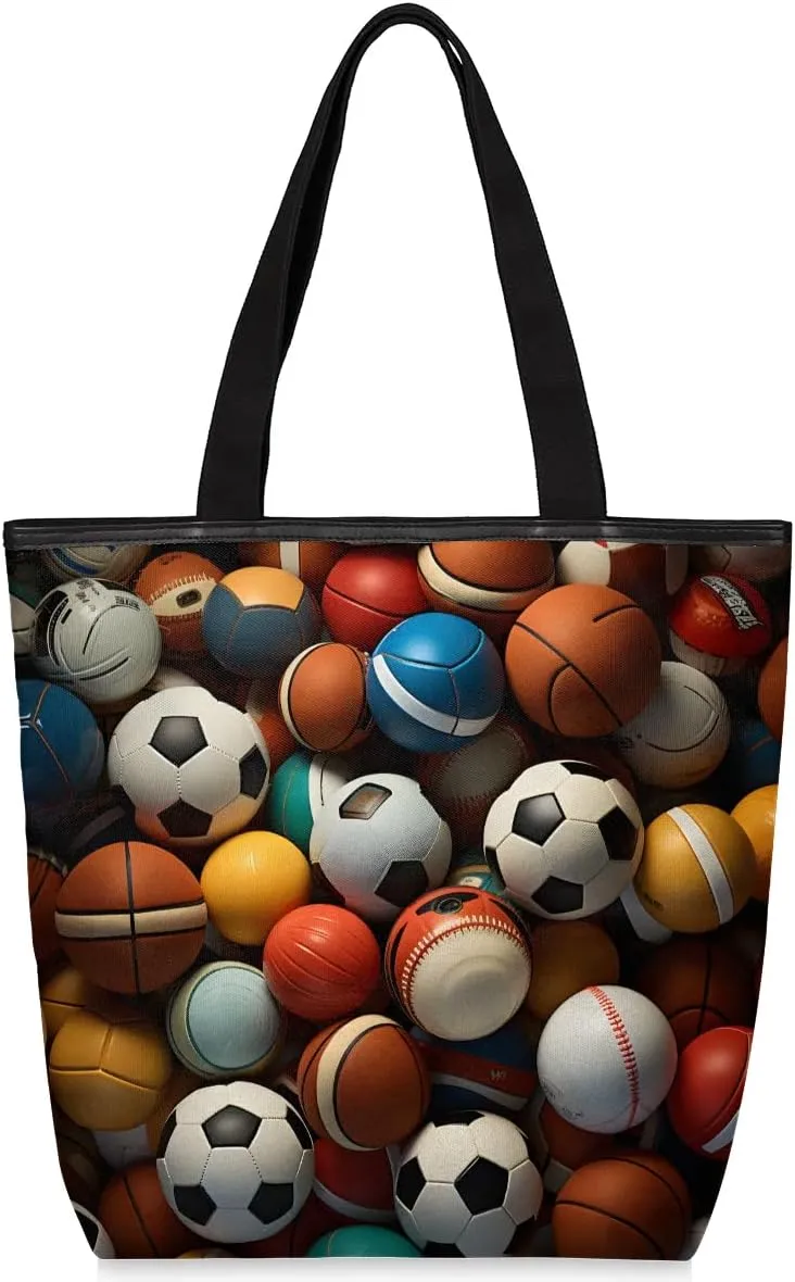Soccer Basketball Canvas Tote Bag for Women Large Tote Bag with Zipper & Pockets Canvas Beach Bag Shoulder Bag Reusable Shopping Bags Cute Tote Bags for Work Travel