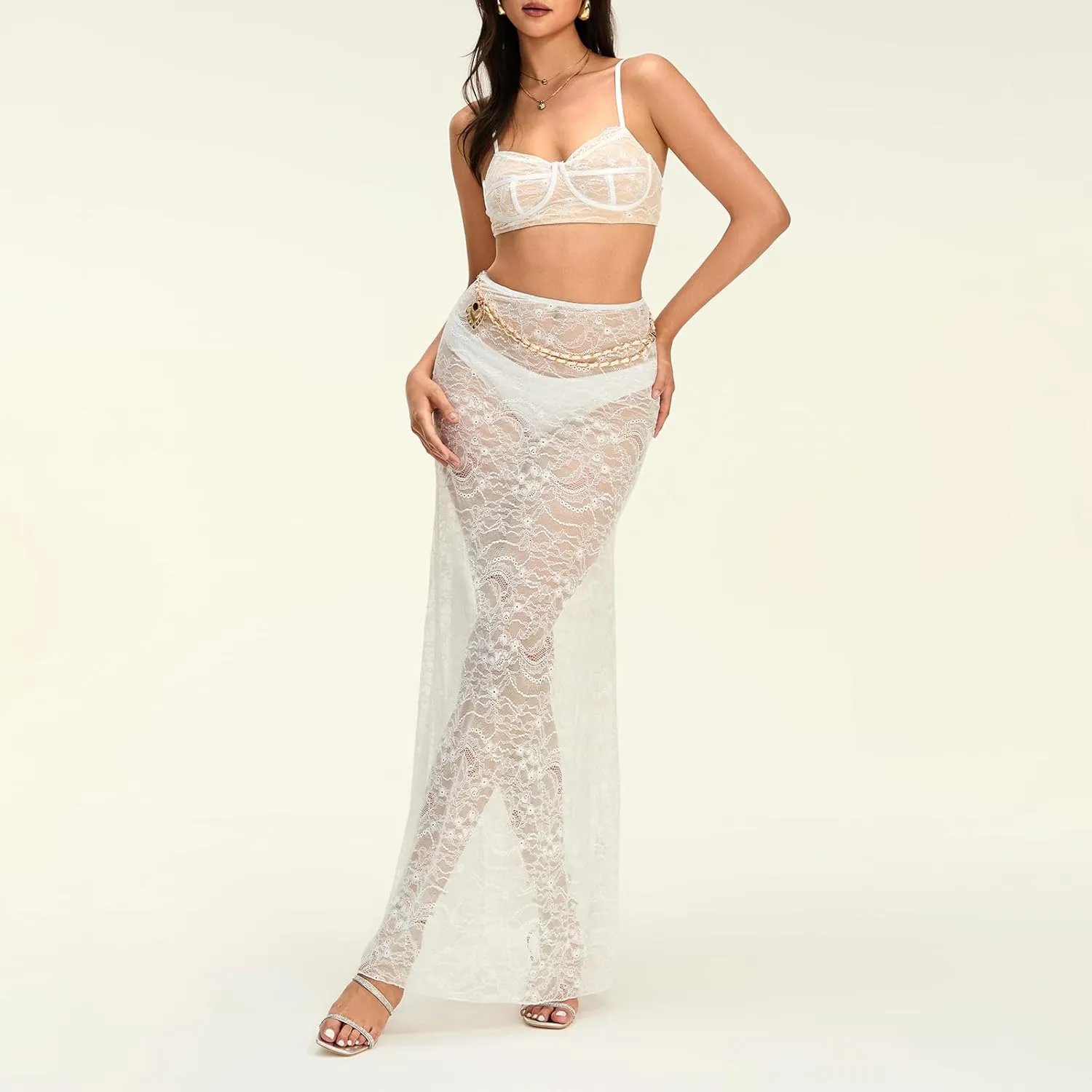 SOLILOQUY Women Lingerie Set Lace See-Through Sleeveless Camisoles High Waist Long Skirts with Chain 2Pcs Sleepwear Outfit