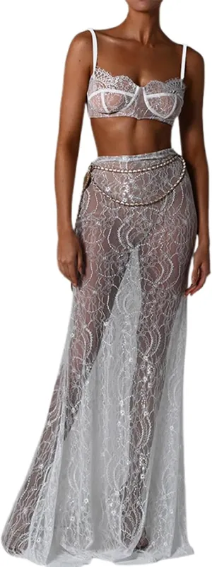 SOLILOQUY Women Lingerie Set Lace See-Through Sleeveless Camisoles High Waist Long Skirts with Chain 2Pcs Sleepwear Outfit