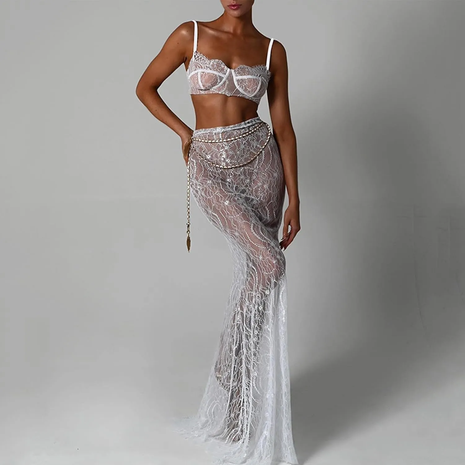 SOLILOQUY Women Lingerie Set Lace See-Through Sleeveless Camisoles High Waist Long Skirts with Chain 2Pcs Sleepwear Outfit