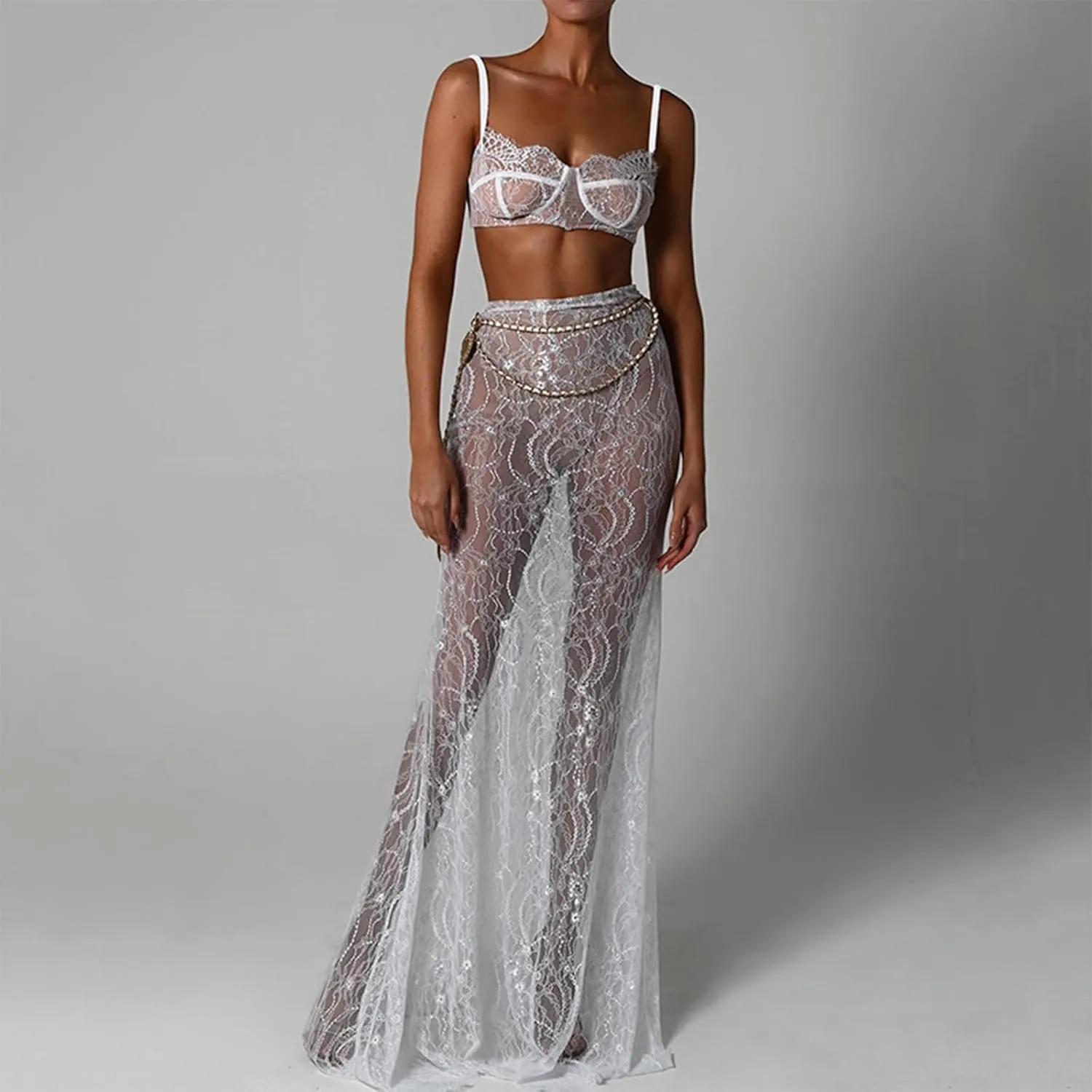 SOLILOQUY Women Lingerie Set Lace See-Through Sleeveless Camisoles High Waist Long Skirts with Chain 2Pcs Sleepwear Outfit