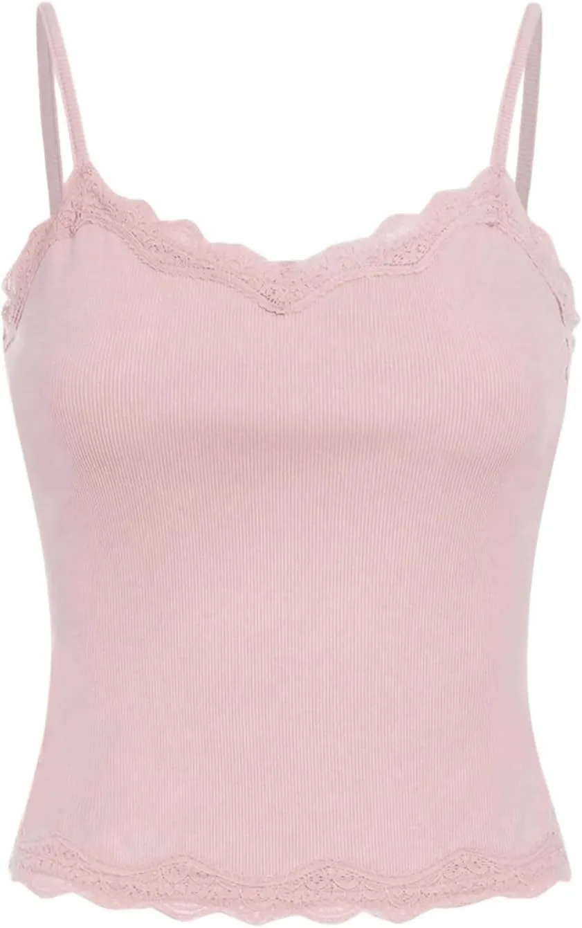 SOLY HUX Girl's Sleeveless Lace Trim Camisoles Spaghetti Strap Ribbed Crop Tank Tops