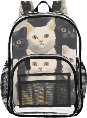 Staring Cats Clear Backpack with Back Print, Heavy Duty See Through Backpacks PVC Transparent Daypack for Travel Security