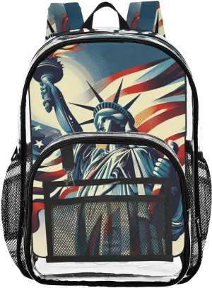Statue Of Liberty Independence Day Clear Backpack with Back Print, Heavy Duty See Through Backpacks PVC Transparent Daypack for Travel Security