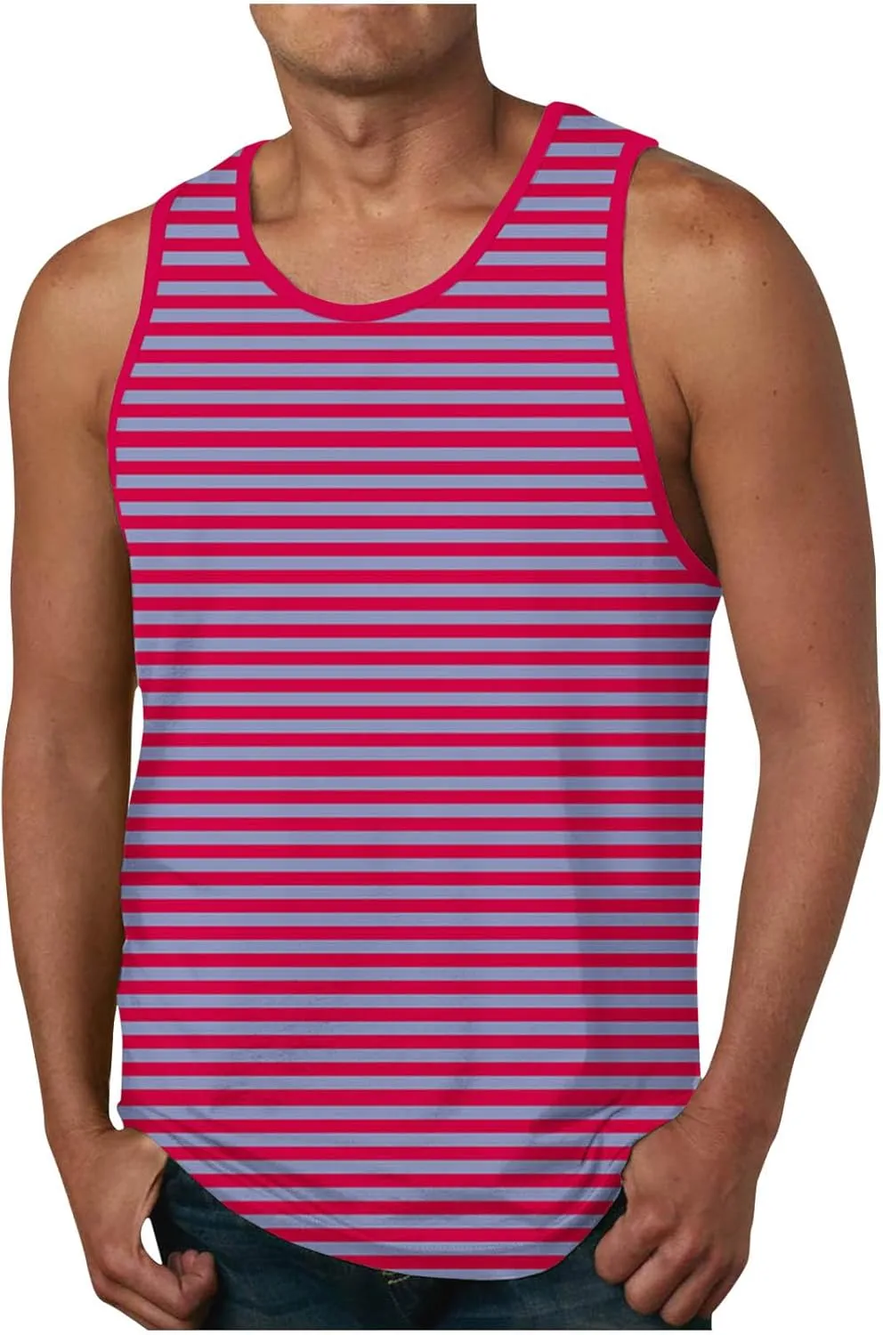 Striped Tank Top for Mens Summer Loose Sleeveless Shirt Classic Round Neck Lightweight Casual Holiday Beach Tee Tops
