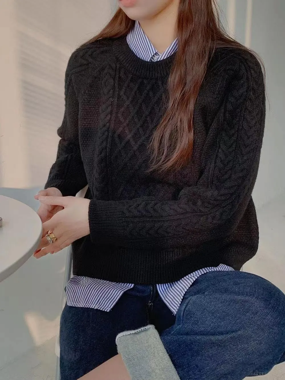 Sumleno Women Trendy Oversized Cable Knitted Chunky Sweaters Vintage Crewneck Long Sleeve Fall Winter Y2k Pullover Tops