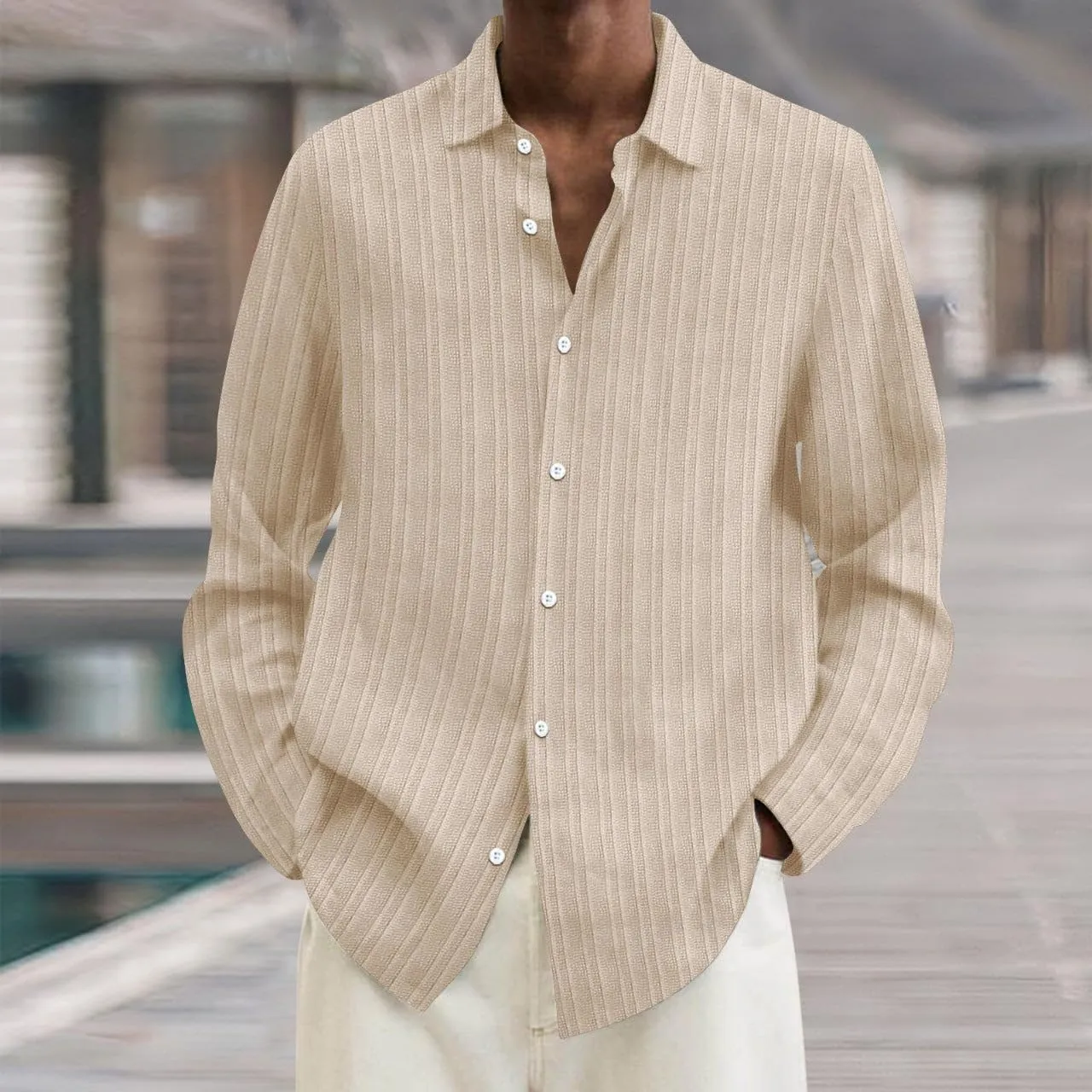 Summer Cotton Linen Shirts for Men Long Sleeve Lapel Tees Button Up Striped Shirts Outdoor Breathable Soft Beach Tees
