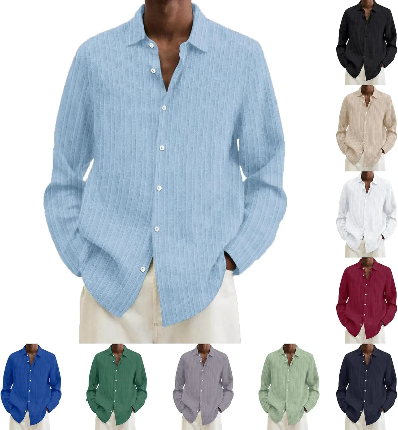 Summer Cotton Linen Shirts for Men Long Sleeve Lapel Tees Button Up Striped Shirts Outdoor Breathable Soft Beach Tees