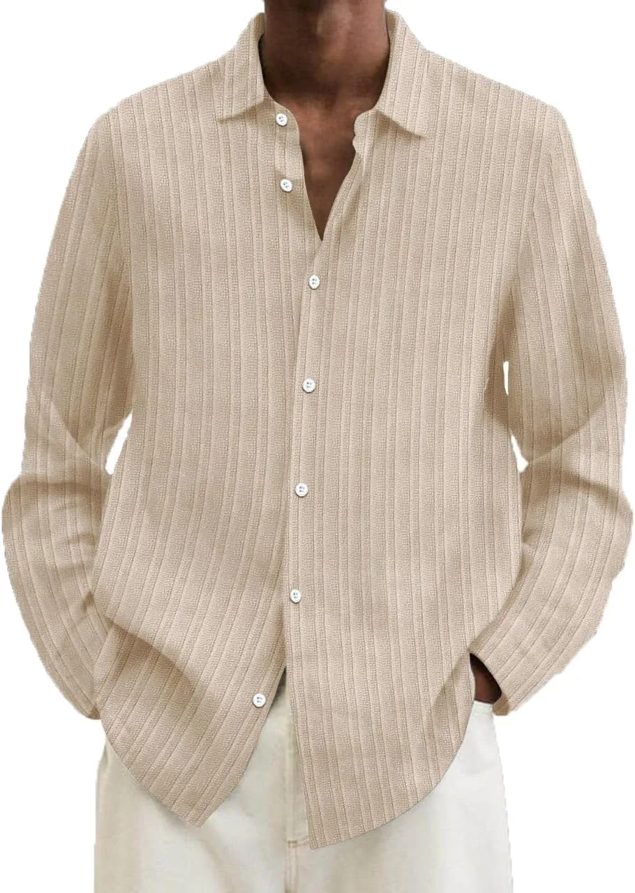 Summer Cotton Linen Shirts for Men Long Sleeve Lapel Tees Button Up Striped Shirts Outdoor Breathable Soft Beach Tees