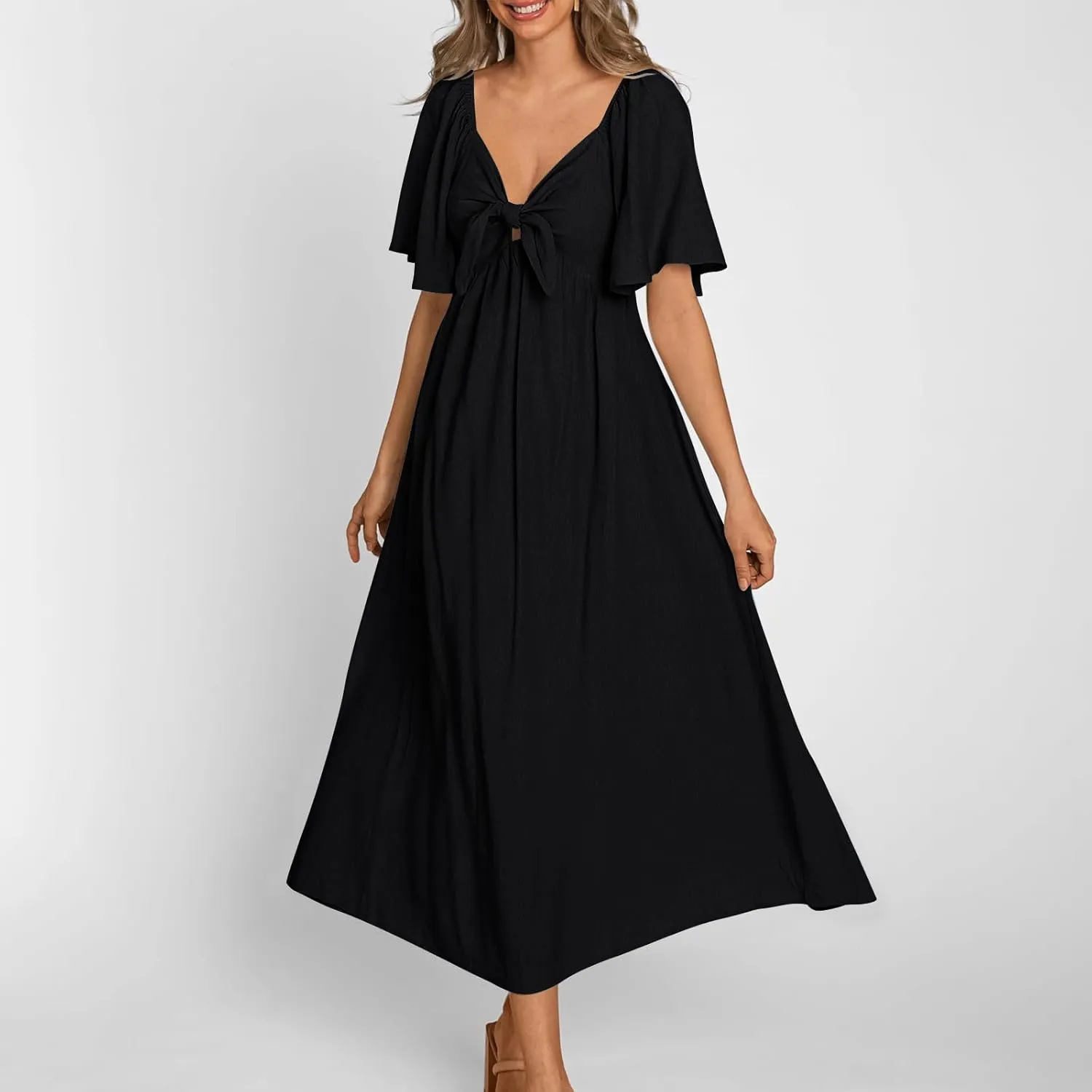 Summer Dress for Women 2024 Casual Short Sleeve Front Bow Tie V Neck Ruffle Midi Flowy Dresses Trendy Smocked Back Dress