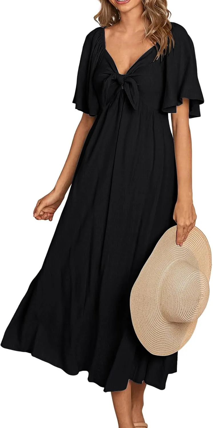 Summer Dress for Women 2024 Casual Short Sleeve Front Bow Tie V Neck Ruffle Midi Flowy Dresses Trendy Smocked Back Dress