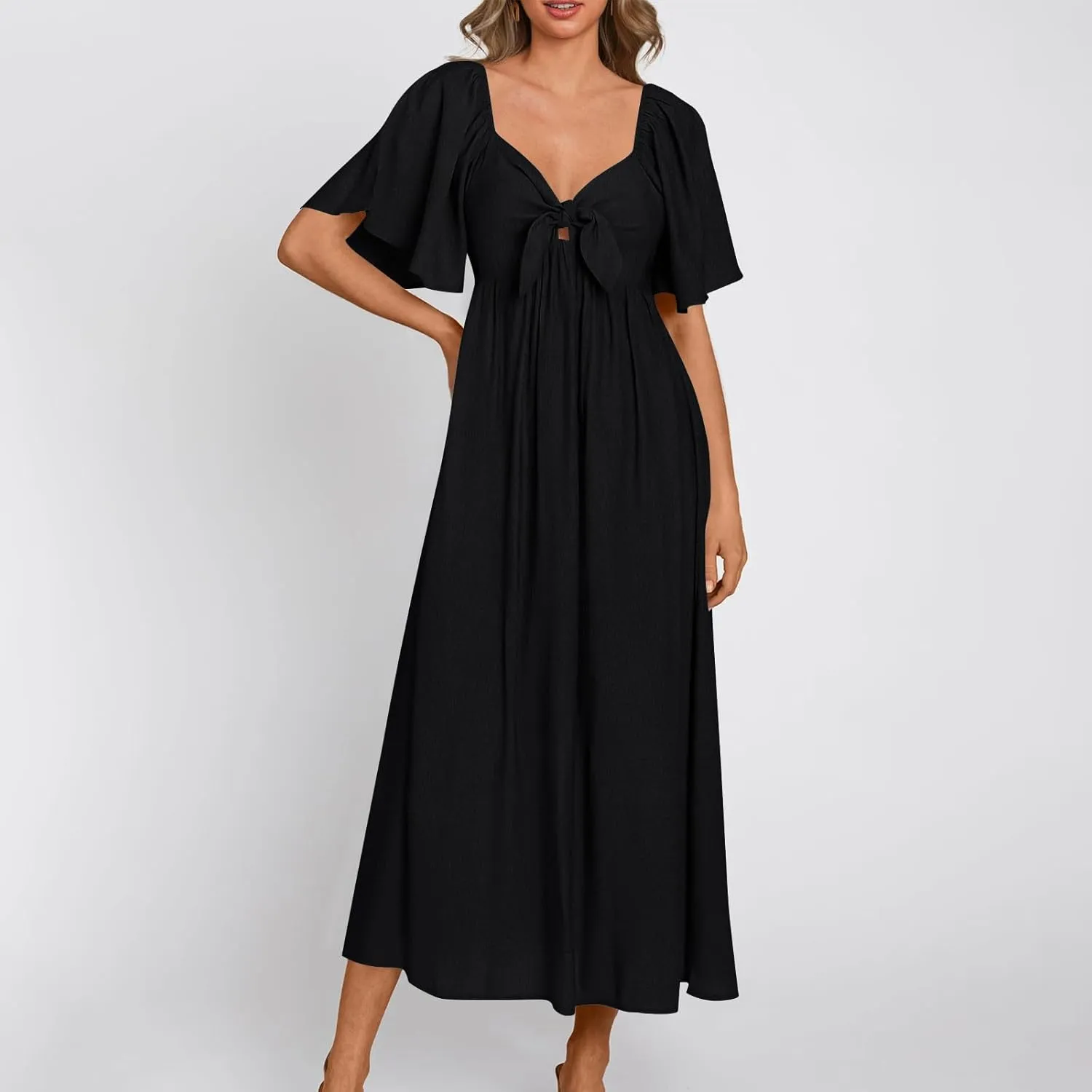 Summer Dress for Women 2024 Casual Short Sleeve Front Bow Tie V Neck Ruffle Midi Flowy Dresses Trendy Smocked Back Dress