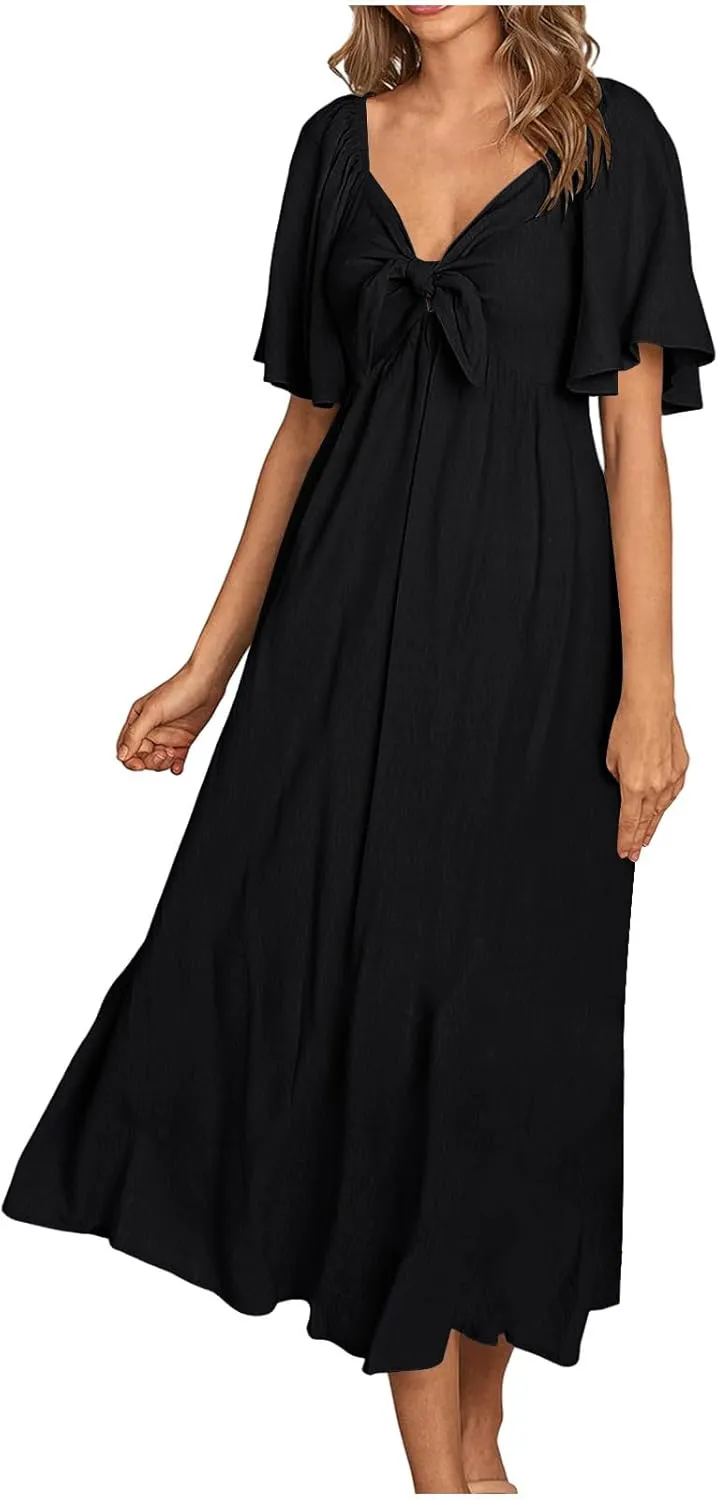 Summer Dress for Women 2024 Casual Short Sleeve Front Bow Tie V Neck Ruffle Midi Flowy Dresses Trendy Smocked Back Dress