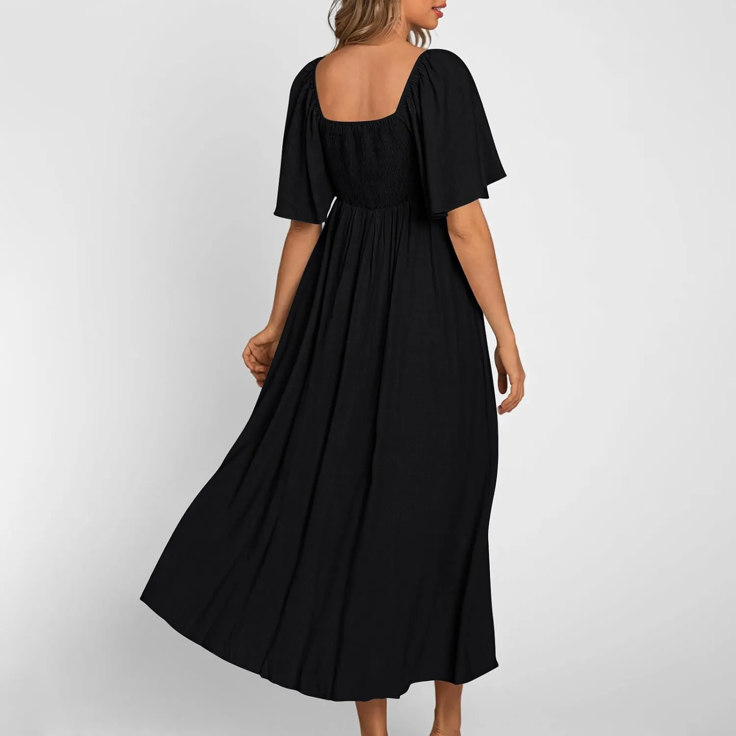 Summer Dress for Women 2024 Casual Short Sleeve Front Bow Tie V Neck Ruffle Midi Flowy Dresses Trendy Smocked Back Dress