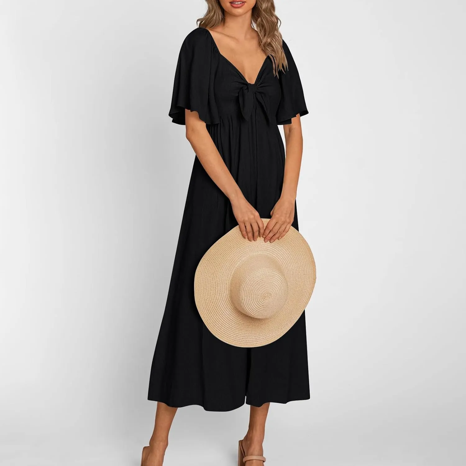 Summer Dress for Women 2024 Casual Short Sleeve Front Bow Tie V Neck Ruffle Midi Flowy Dresses Trendy Smocked Back Dress