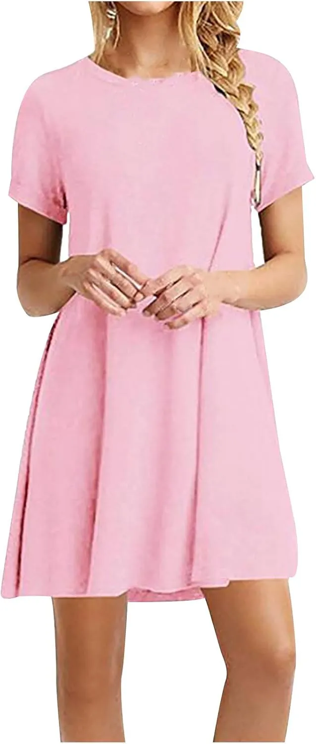 Summer Dresses for Women 2024 Casual Short Sleeve Beach Sundresses Casual Crewneck Loose Swing Dress
