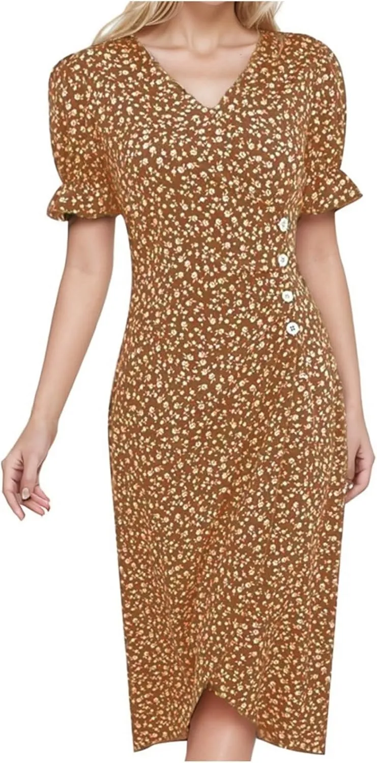 Summer Dresses for Women 2024 Short Sleeve V Neck Wrap Dress Casual Midi Sundresses Sleeve Ruffle Dress Casual Mini Dresses