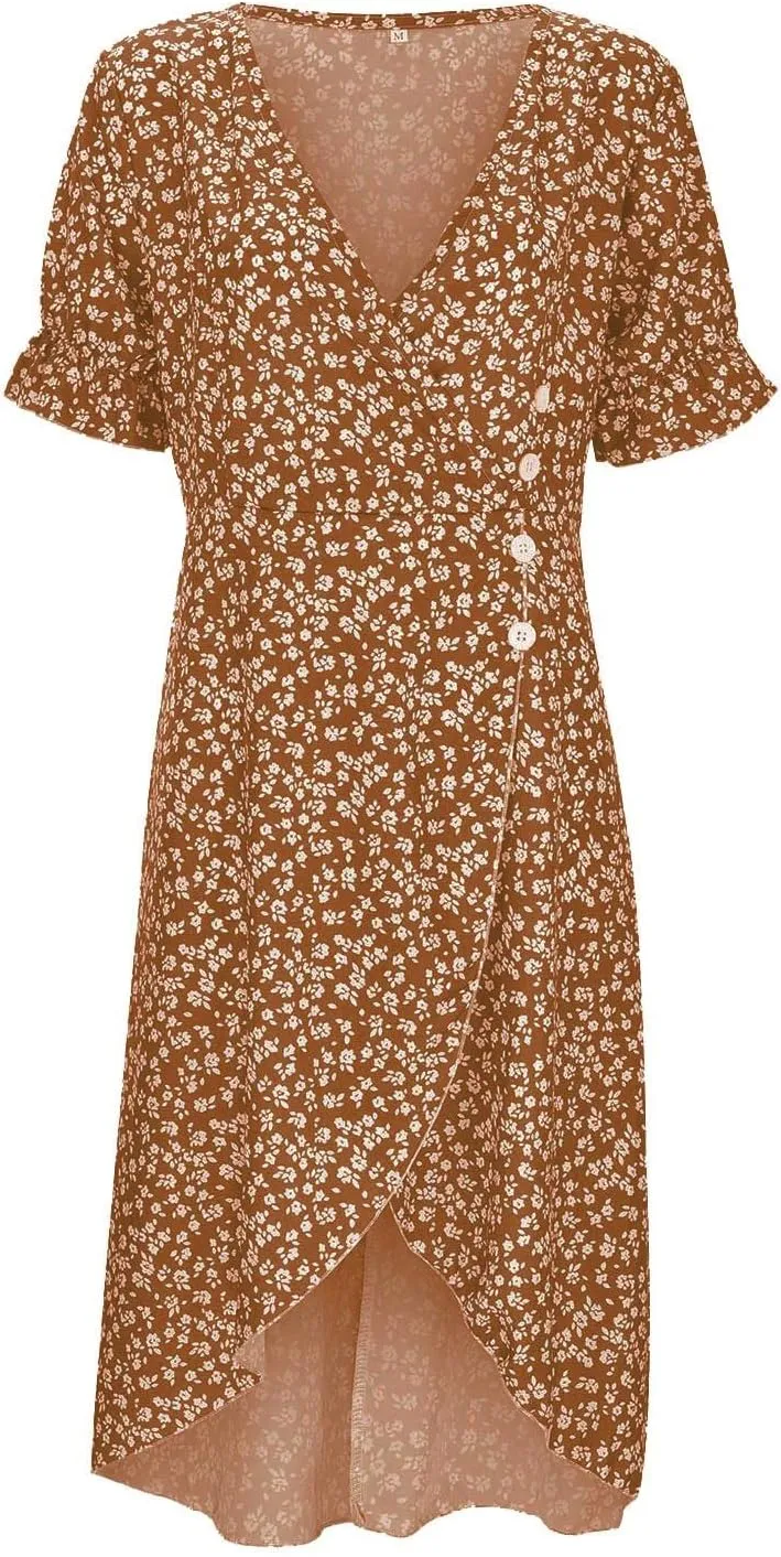 Summer Dresses for Women 2024 Short Sleeve V Neck Wrap Dress Casual Midi Sundresses Sleeve Ruffle Dress Casual Mini Dresses