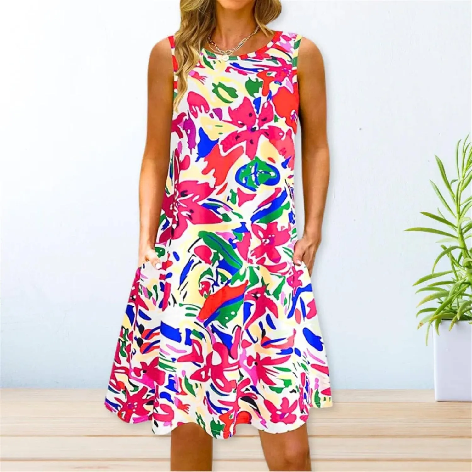 Summer Dresses for Women 2024 Womens Crew Neck Tank Dress Loose Sleeveless Mini Dress Flowy Beach Sundress