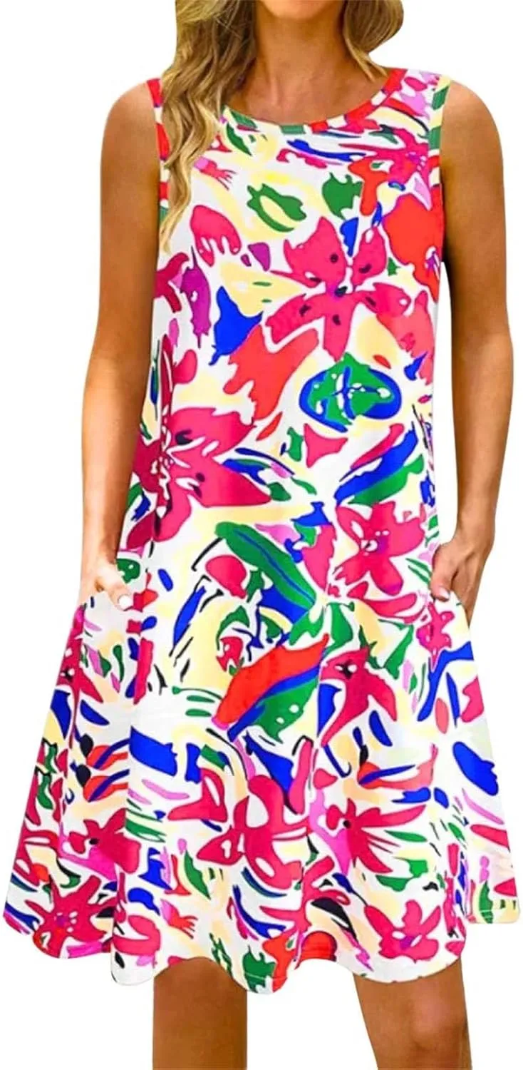 Summer Dresses for Women 2024 Womens Crew Neck Tank Dress Loose Sleeveless Mini Dress Flowy Beach Sundress