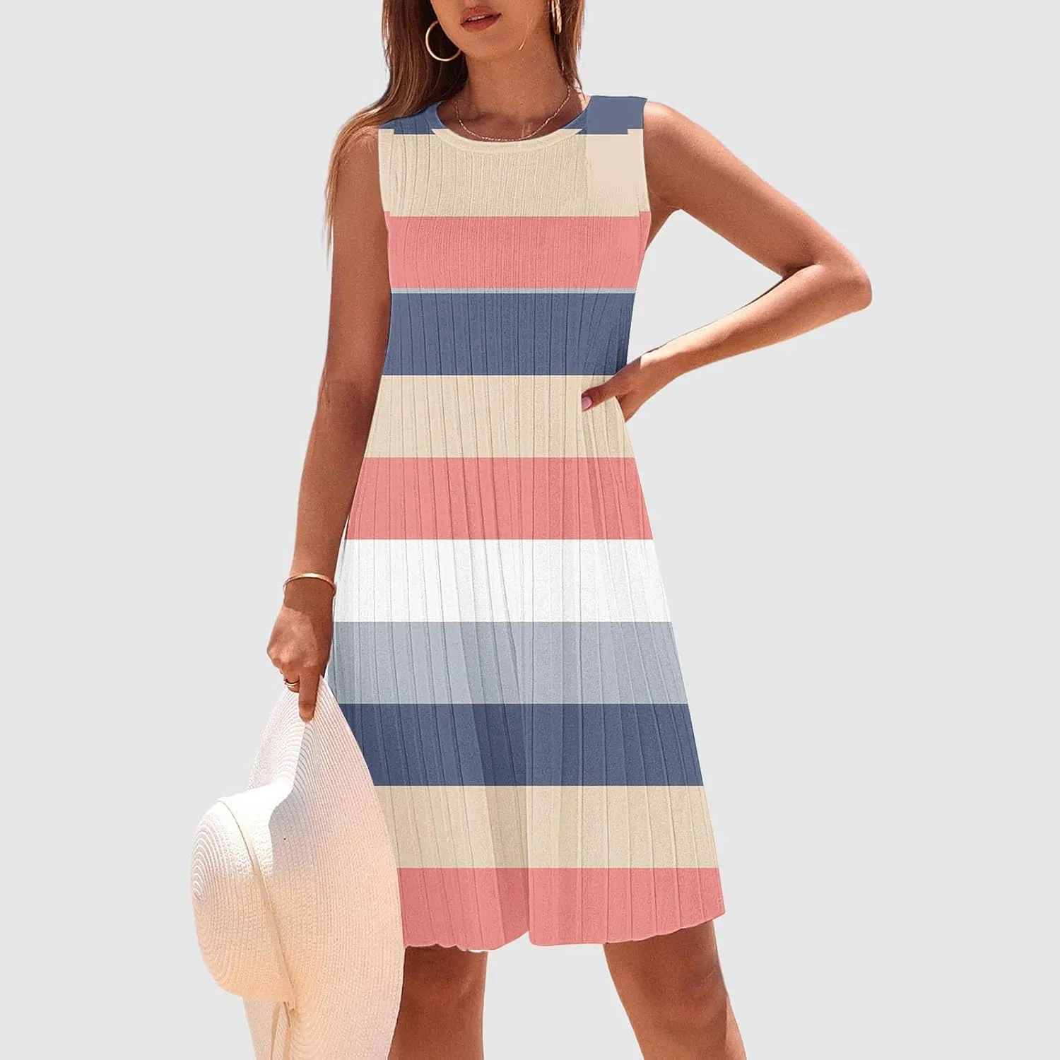 Summer Dresses for Women 2025 Loose Beach Vacation Casual Crew Neck Casual Boho Dress Sleeveless Sundresses with Pockets