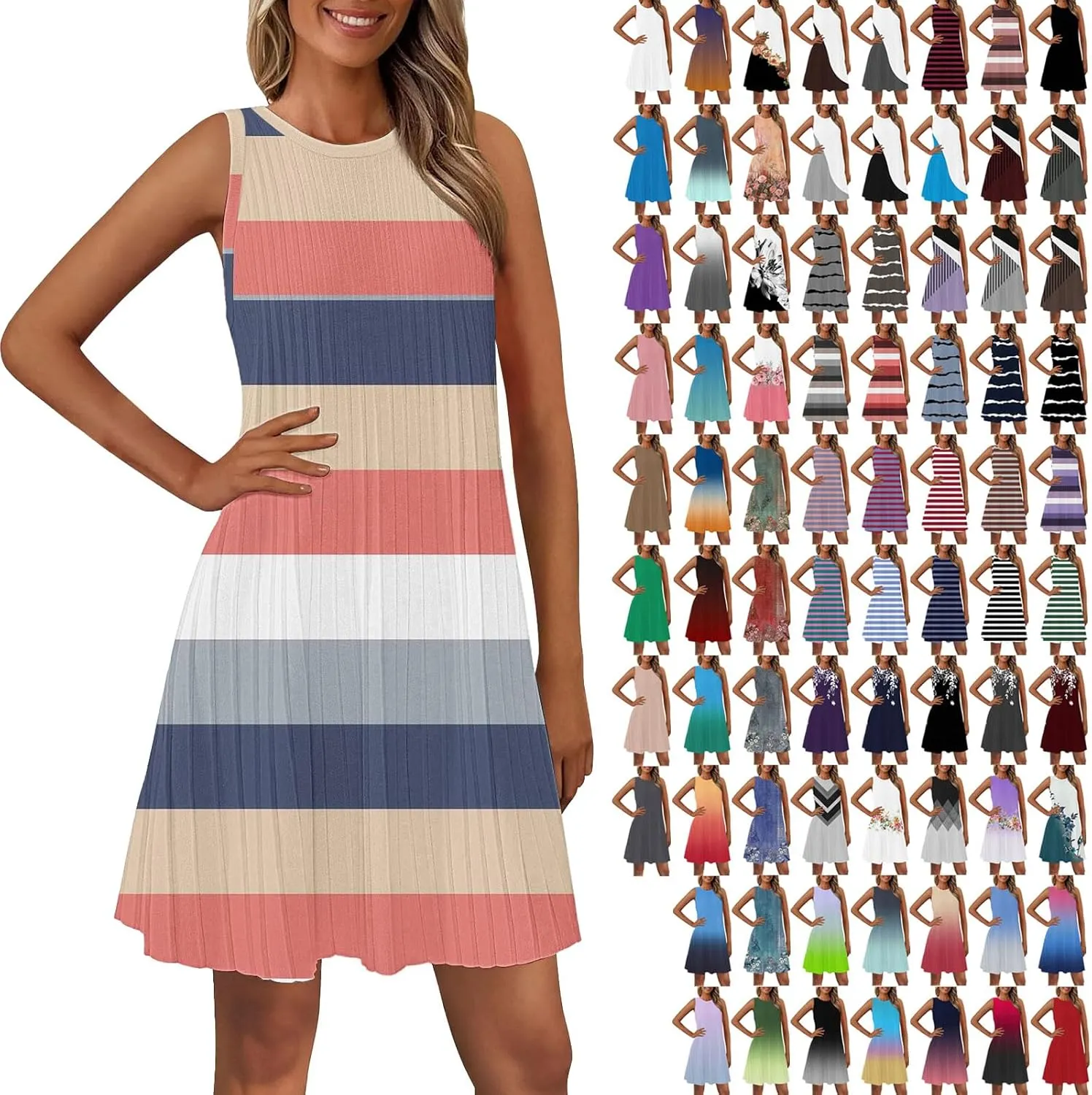 Summer Dresses for Women 2025 Loose Beach Vacation Casual Crew Neck Casual Boho Dress Sleeveless Sundresses with Pockets