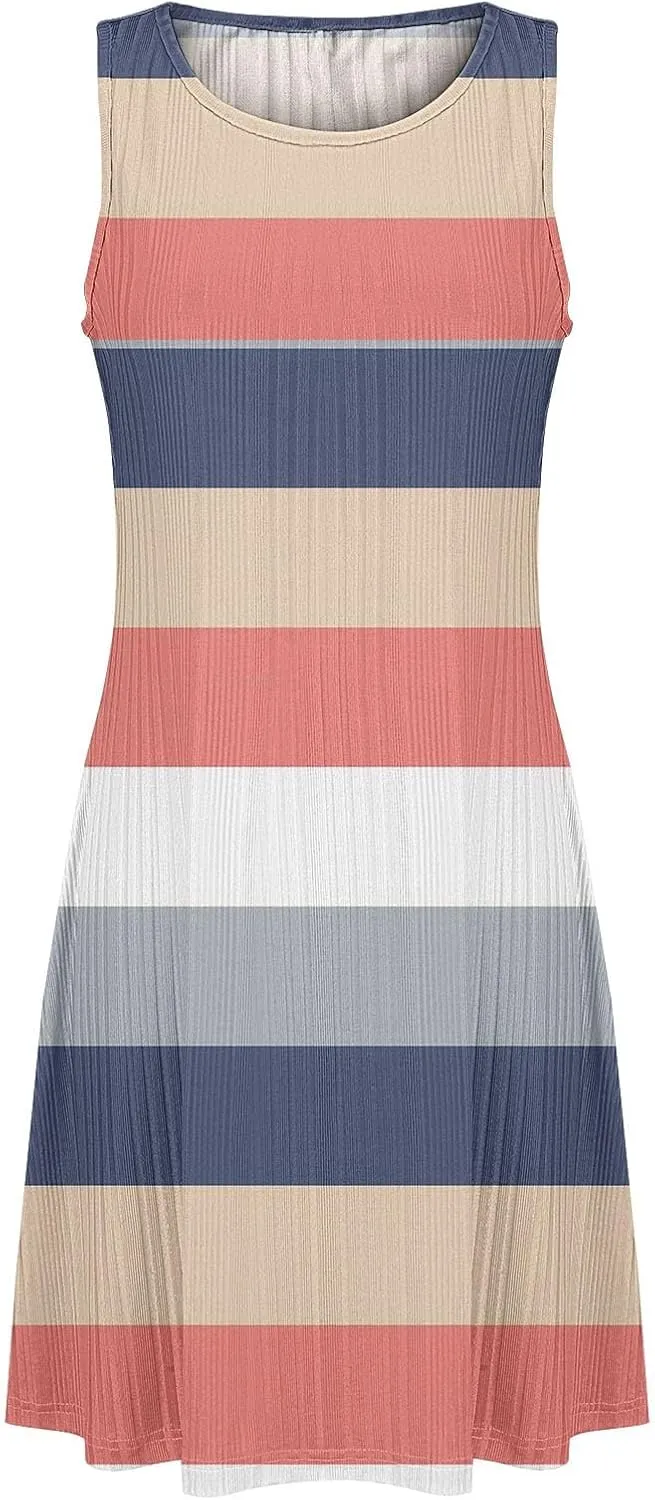 Summer Dresses for Women 2025 Loose Beach Vacation Casual Crew Neck Casual Boho Dress Sleeveless Sundresses with Pockets