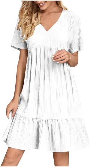 Summer Dresses for Women 2025 Plus Size Short Sleeve V Neck Mini Dress Casual Flowy Swing Boho Beach Vacation Dress