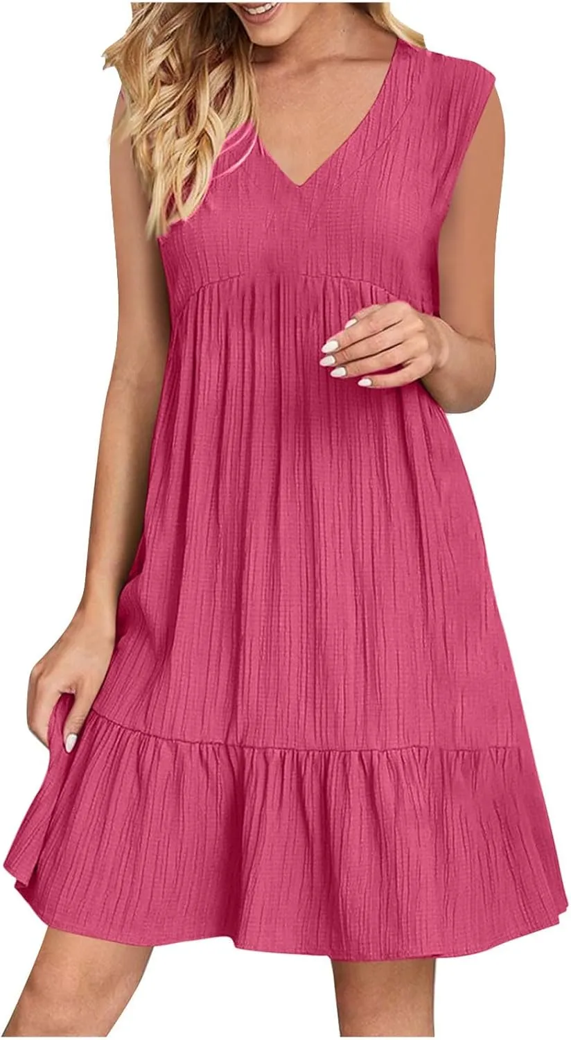Summer Dresses for Women 2025,Flowy Petite Sun Dress Casyal V Neck A Line Beach Vacation Midi Dresses Trendy Outfits