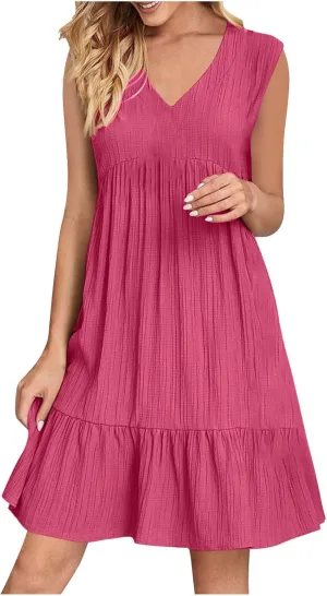 Summer Dresses for Women 2025,Flowy Petite Sun Dress Casyal V Neck A Line Beach Vacation Midi Dresses Trendy Outfits