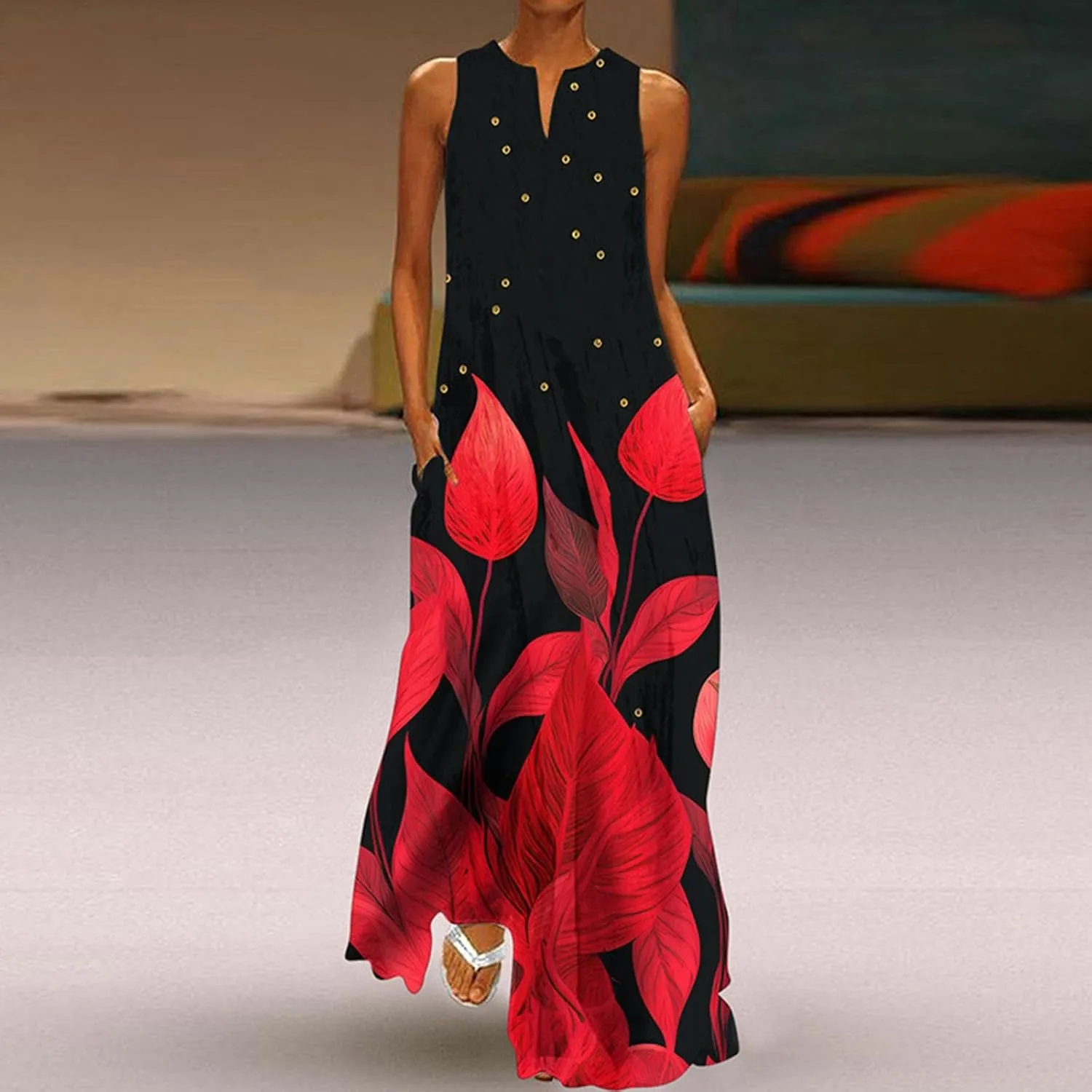 Summer Dresses for Women 2025,Women's Casual Beach Sundresses V-Neck Sleeveless Dresses Maxi Floral Printed Tank Dress